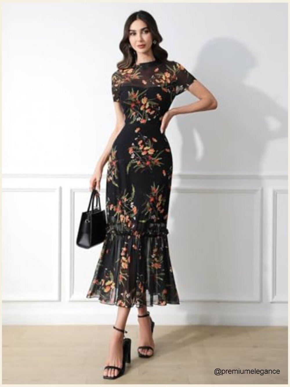Floral Mesh Ruffle Maxi Dress Short Sleeve Round Neck High Waist Casual Wedding - Picture 4 of 7